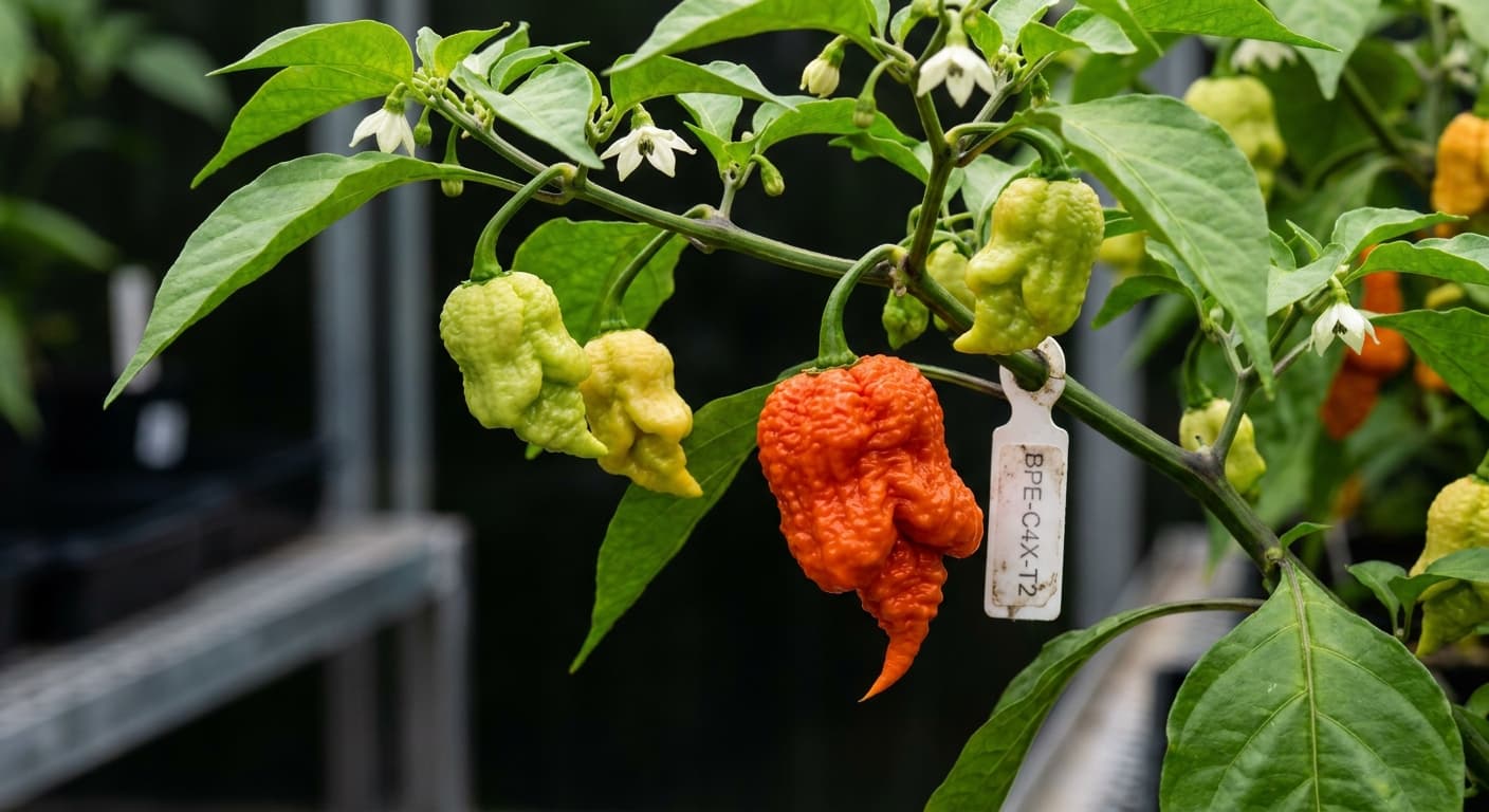 Scoville Splice Phantom Limb (SS-0112) — engineered Pepper specimen on-plant with laboratory specimen tag