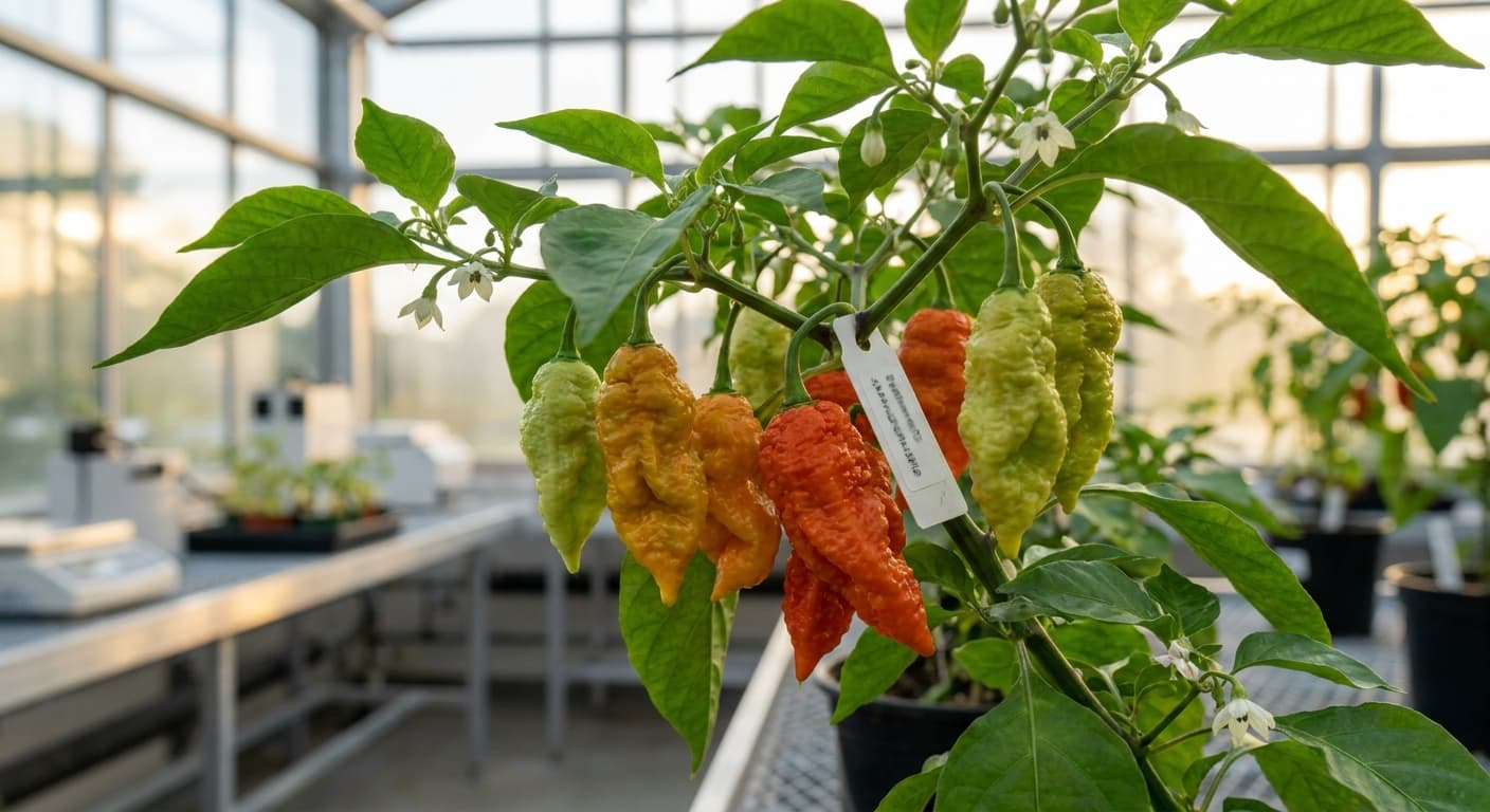 Scoville Splice Guillotine (SS-0113) — engineered Pepper specimen on-plant with laboratory specimen tag