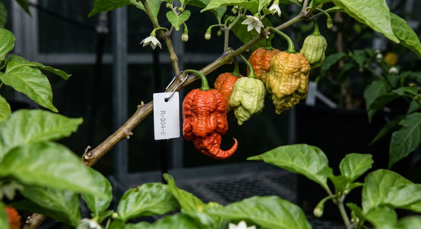 Scoville Splice Creep (SS-0114) — engineered Pepper specimen on-plant with laboratory specimen tag