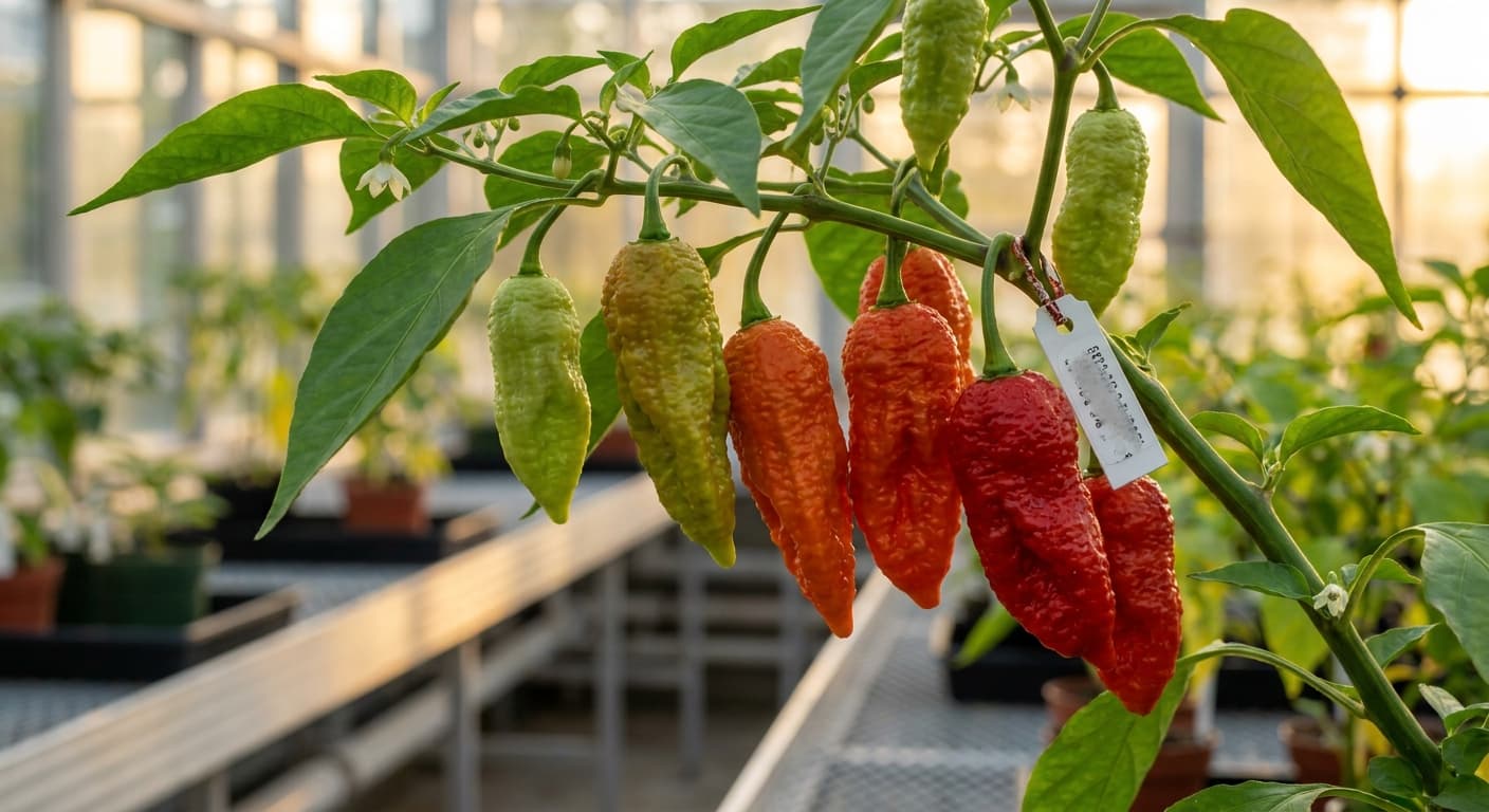 Scoville Splice Echo Chamber (SS-0115) — engineered Pepper specimen on-plant with laboratory specimen tag