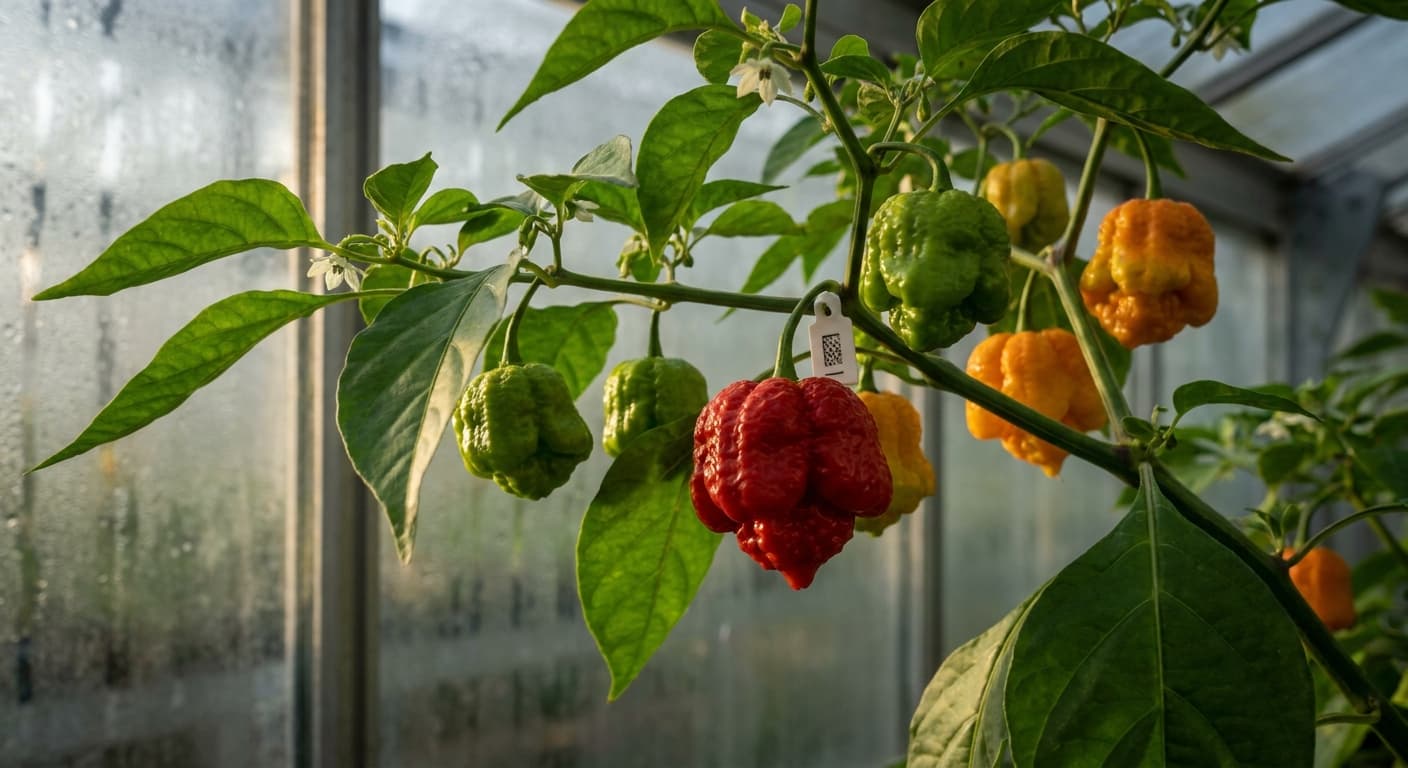 Scoville Splice Depth Charge (SS-0116) — engineered Pepper specimen on-plant with laboratory specimen tag