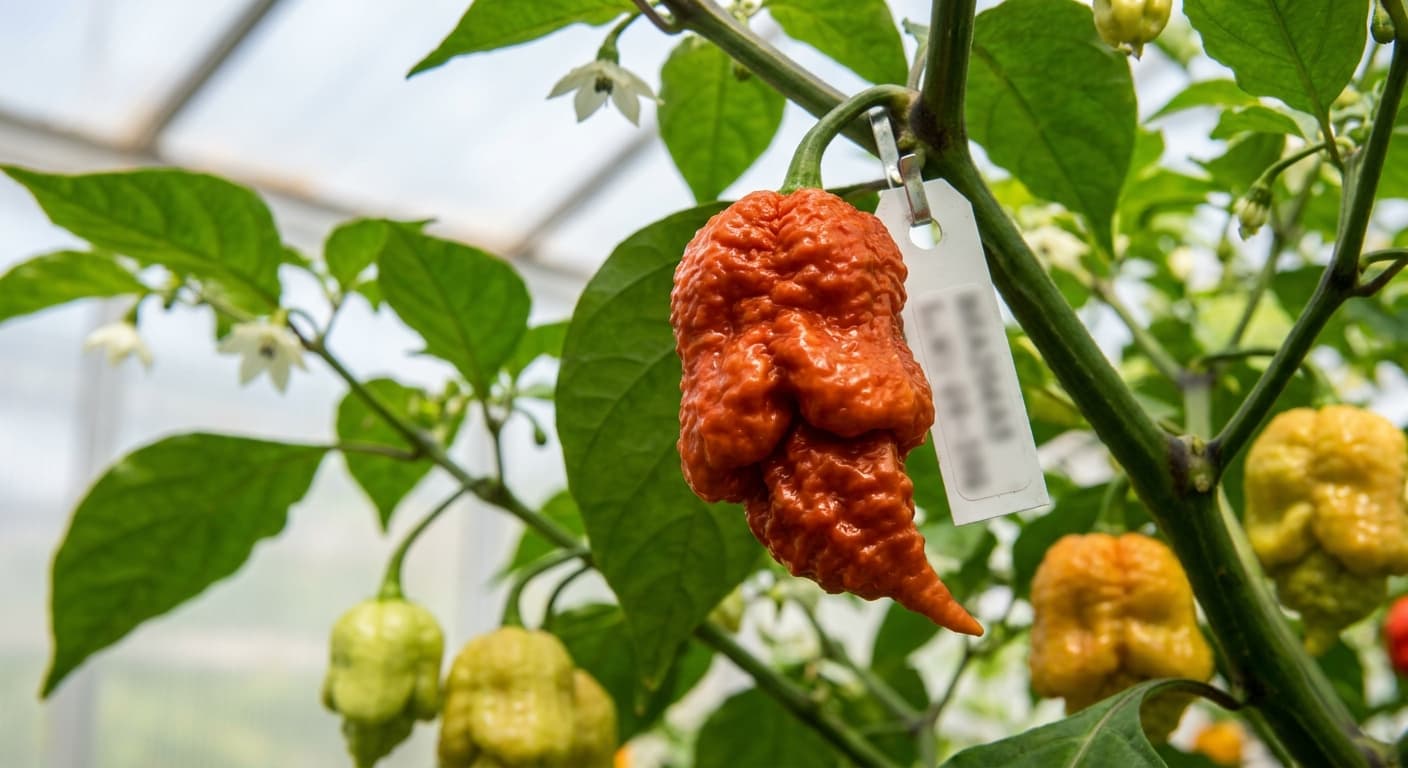 Scoville Splice White Noise (SS-0117) — engineered Pepper specimen on-plant with laboratory specimen tag