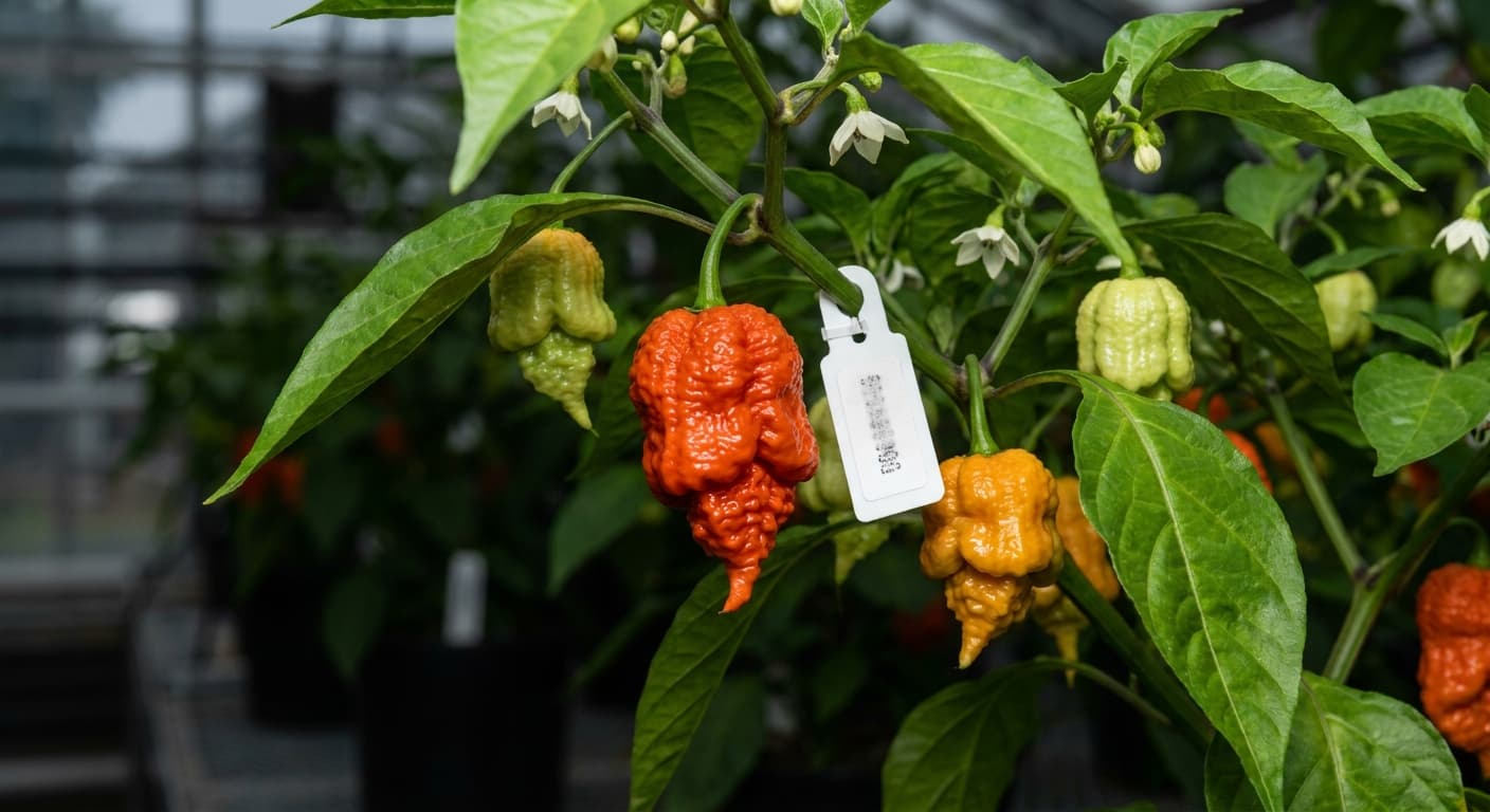 Scoville Splice Black Ice (SS-0118) — engineered Pepper specimen on-plant with laboratory specimen tag