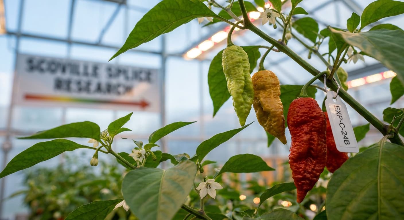 Scoville Splice Jalisco Verde (SS-0123) — engineered Pepper specimen on-plant with laboratory specimen tag