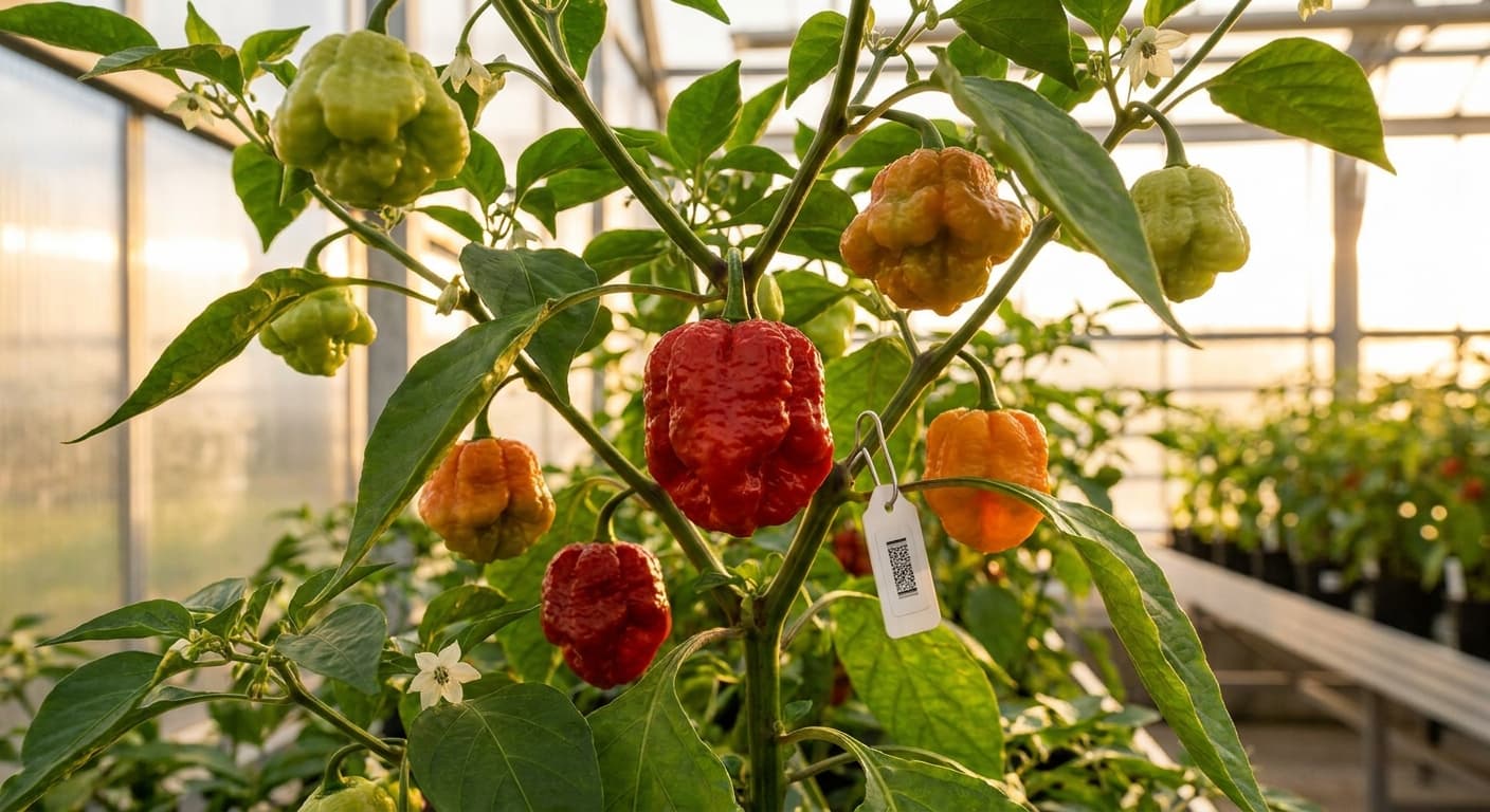 Scoville Splice Guajillo Sun (SS-0124) — engineered Pepper specimen on-plant with laboratory specimen tag