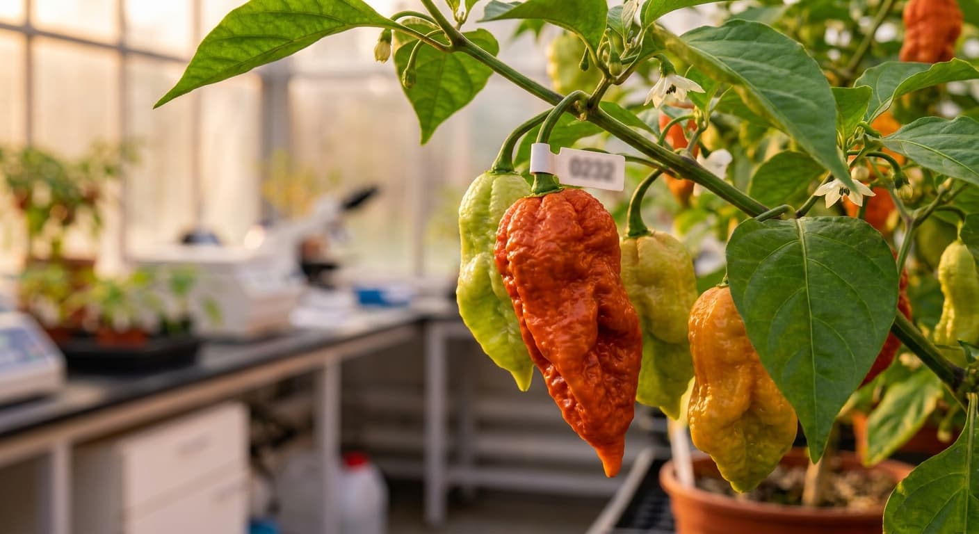 Scoville Splice Habanero Gold (SS-0126) — engineered Pepper specimen on-plant with laboratory specimen tag