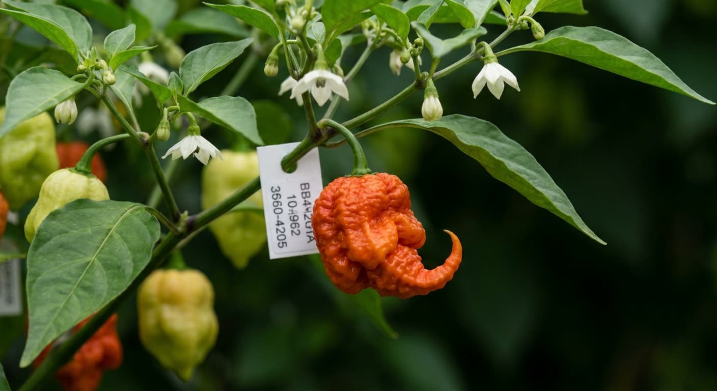 Scoville Splice Scotch Bonnet (SS-0127) — engineered Pepper specimen on-plant with laboratory specimen tag