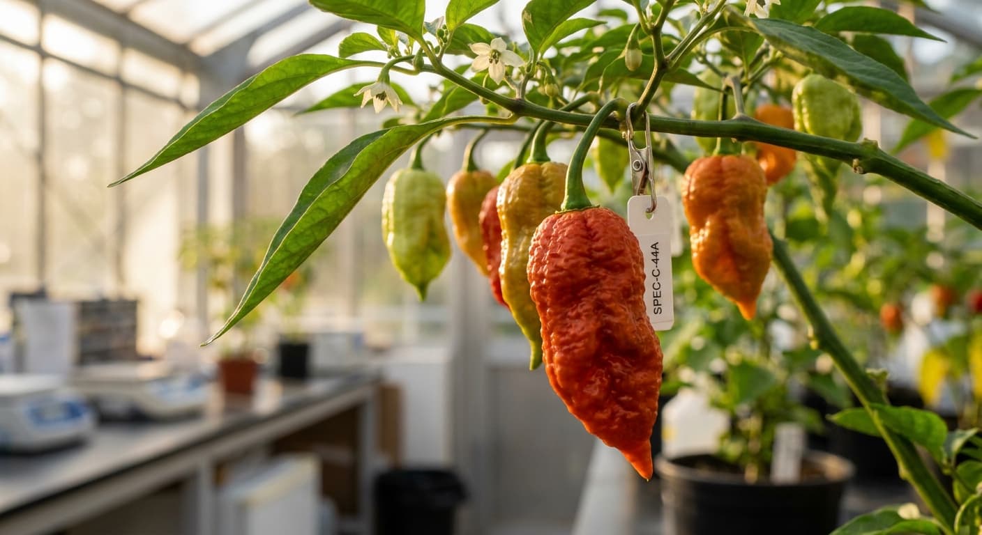 Scoville Splice Trinidad Gate (SS-0128) — engineered Pepper specimen on-plant with laboratory specimen tag