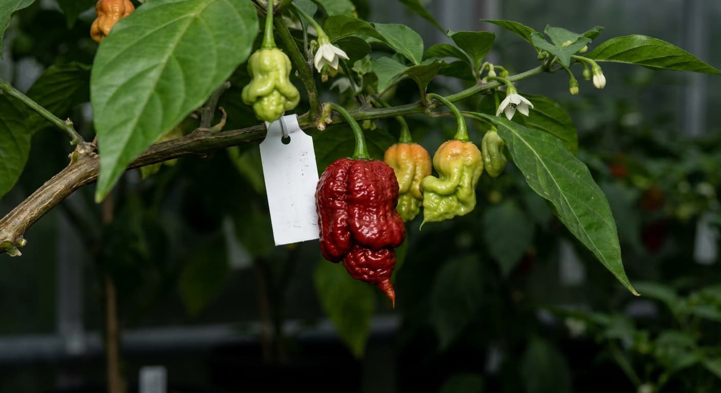 Scoville Splice Bhut Lineage (SS-0129) — engineered Pepper specimen on-plant with laboratory specimen tag