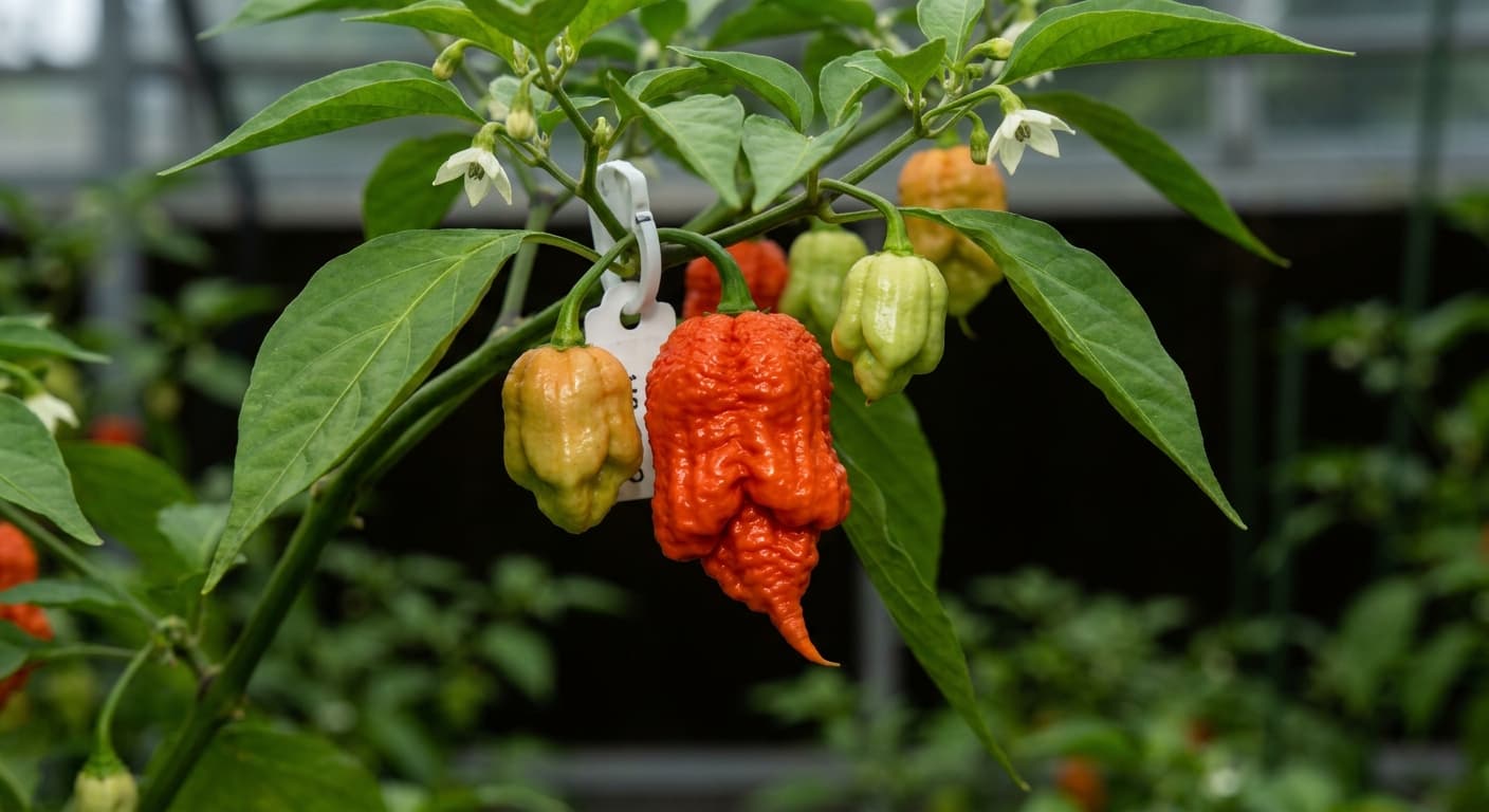 Scoville Splice Reaper Line (SS-0130) — engineered Pepper specimen on-plant with laboratory specimen tag