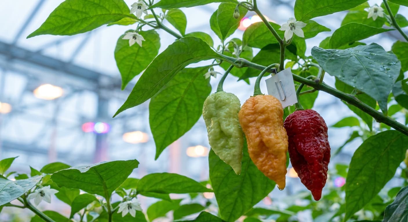 Scoville Splice Piri Piri (SS-0132) — engineered Pepper specimen on-plant with laboratory specimen tag