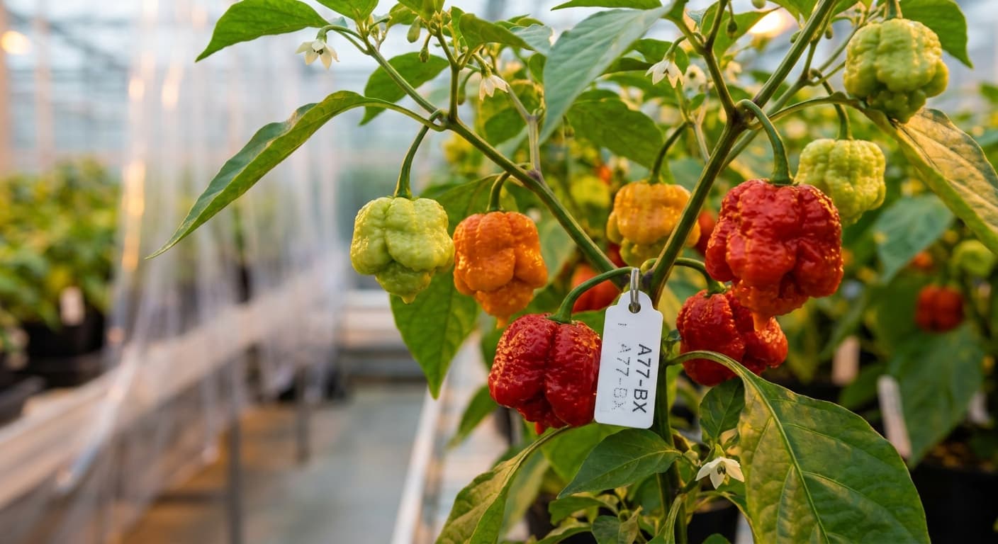 Scoville Splice Malagueta (SS-0133) — engineered Pepper specimen on-plant with laboratory specimen tag