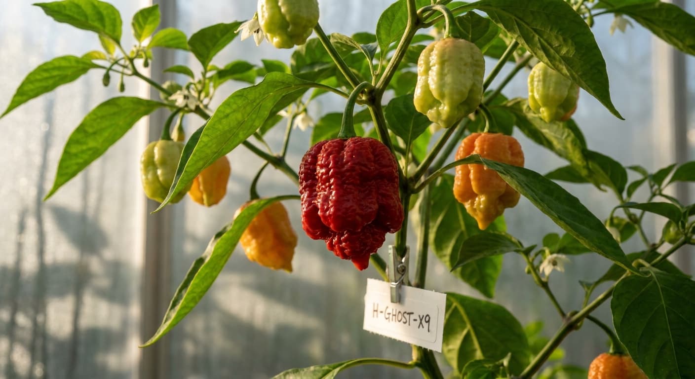 Scoville Splice Aji Charapita (SS-0136) — engineered Pepper specimen on-plant with laboratory specimen tag