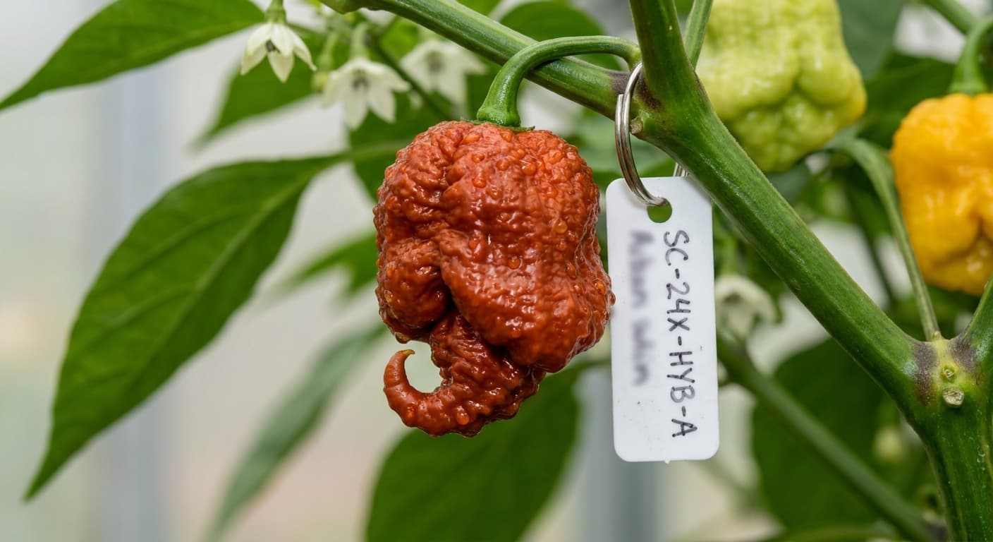 Scoville Splice Rocoto Rojo (SS-0137) — engineered Pepper specimen on-plant with laboratory specimen tag