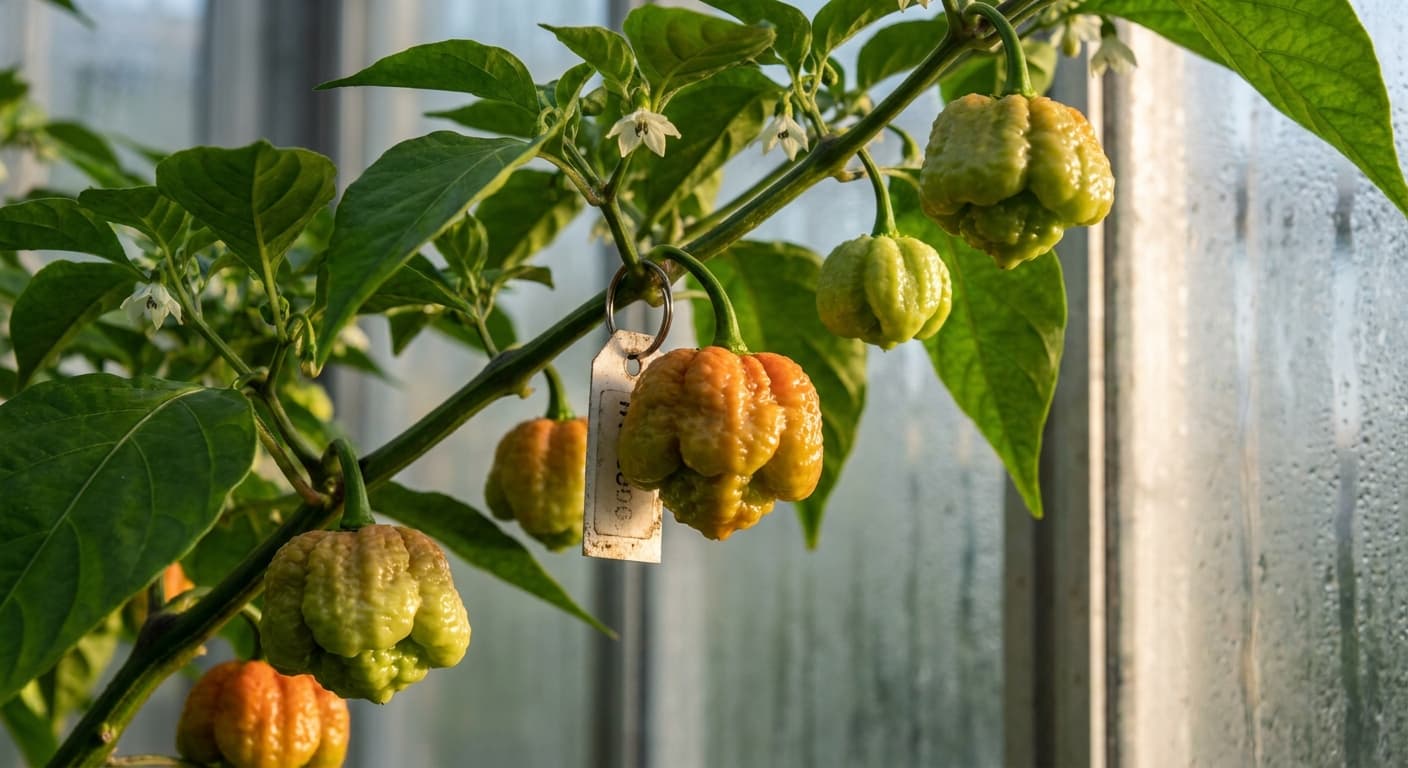 Scoville Splice Korean Dragon (SS-0141) — engineered Pepper specimen on-plant with laboratory specimen tag
