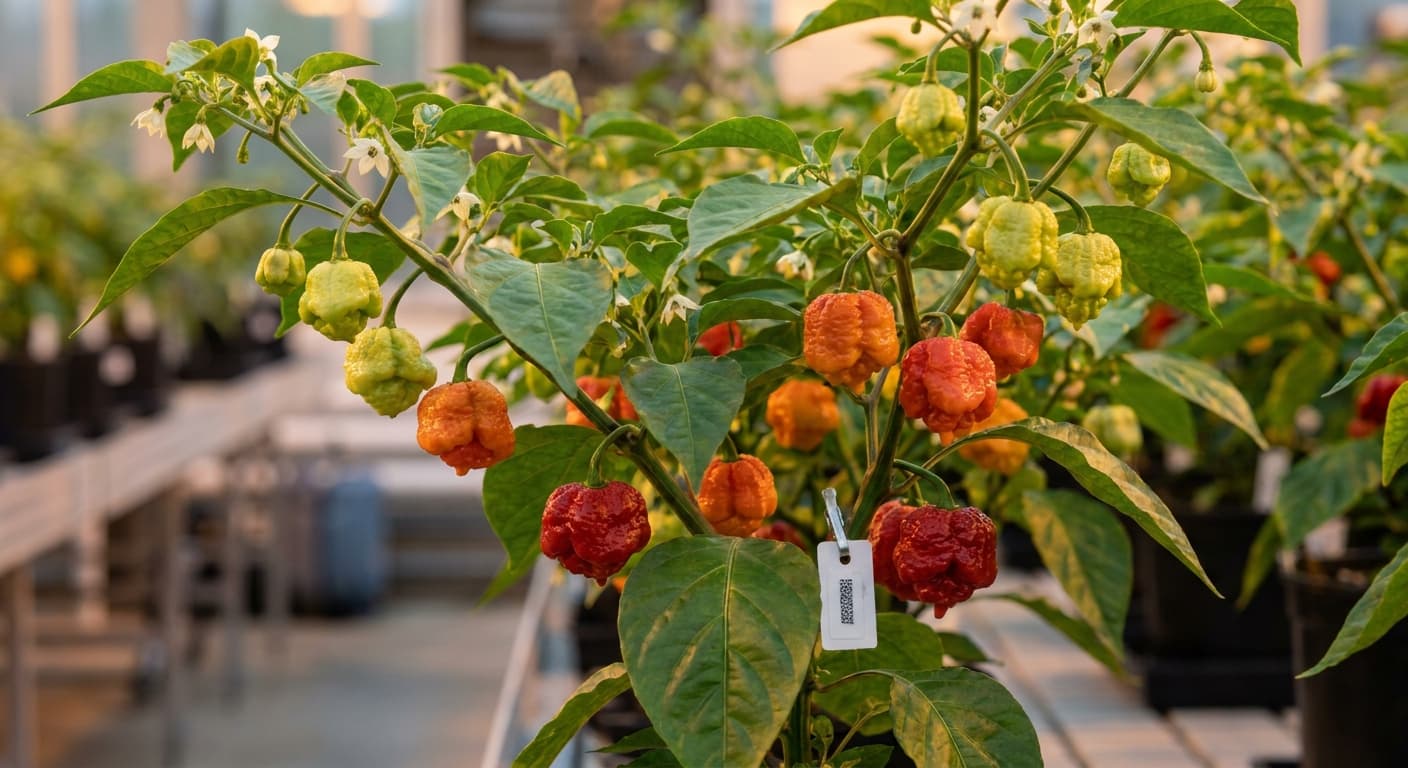 Scoville Splice Chain 14 (SS-0146) — engineered Pepper specimen on-plant with laboratory specimen tag