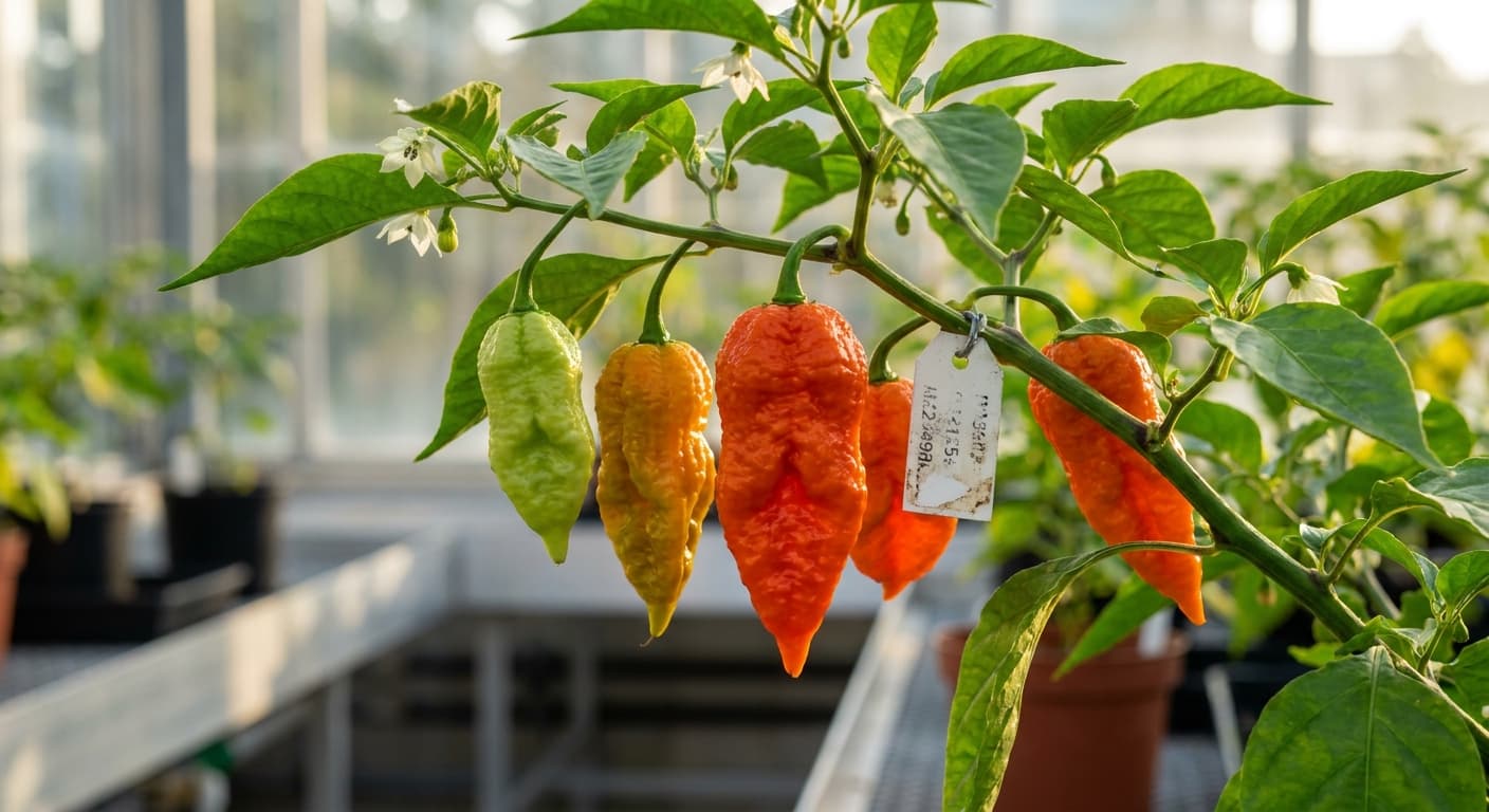 Scoville Splice Branch Point (SS-0148) — engineered Pepper specimen on-plant with laboratory specimen tag