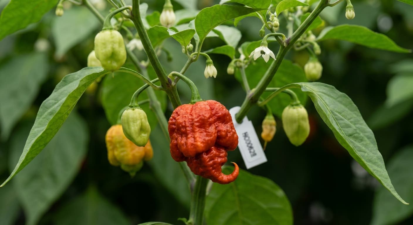 Scoville Splice Cyclic (SS-0149) — engineered Pepper specimen on-plant with laboratory specimen tag