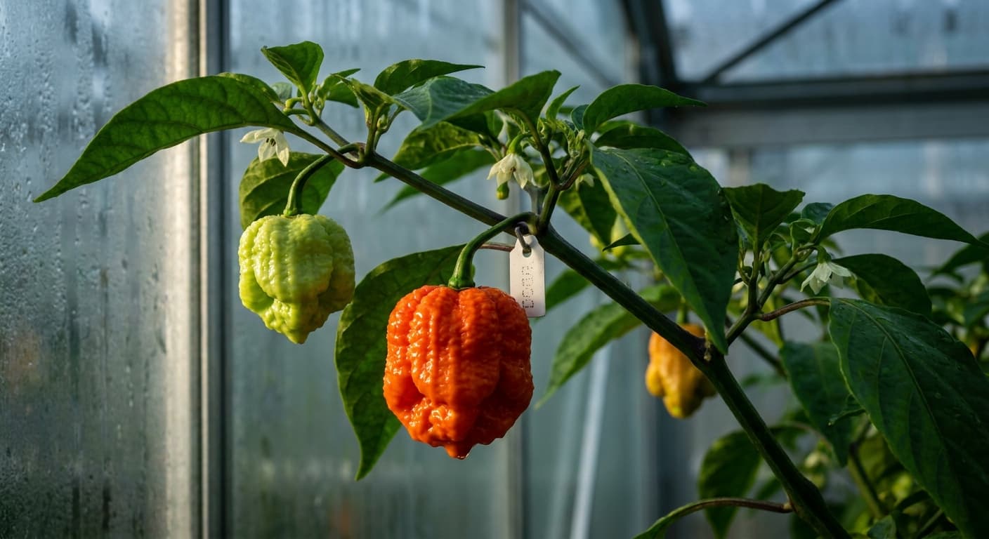 Scoville Splice Fluoro-cap (SS-0150) — engineered Pepper specimen on-plant with laboratory specimen tag