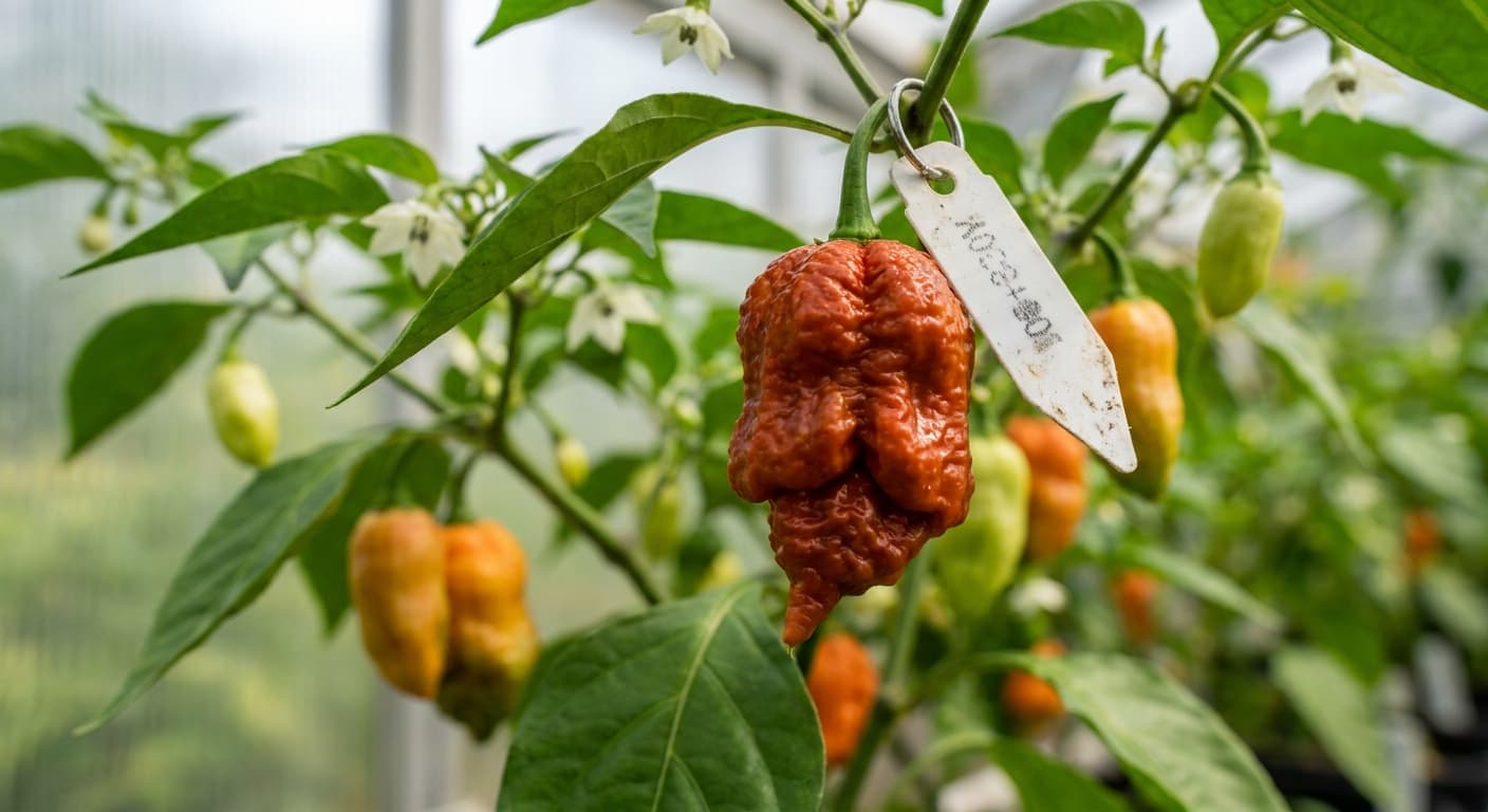 Scoville Splice Thio-cap (SS-0151) — engineered Pepper specimen on-plant with laboratory specimen tag