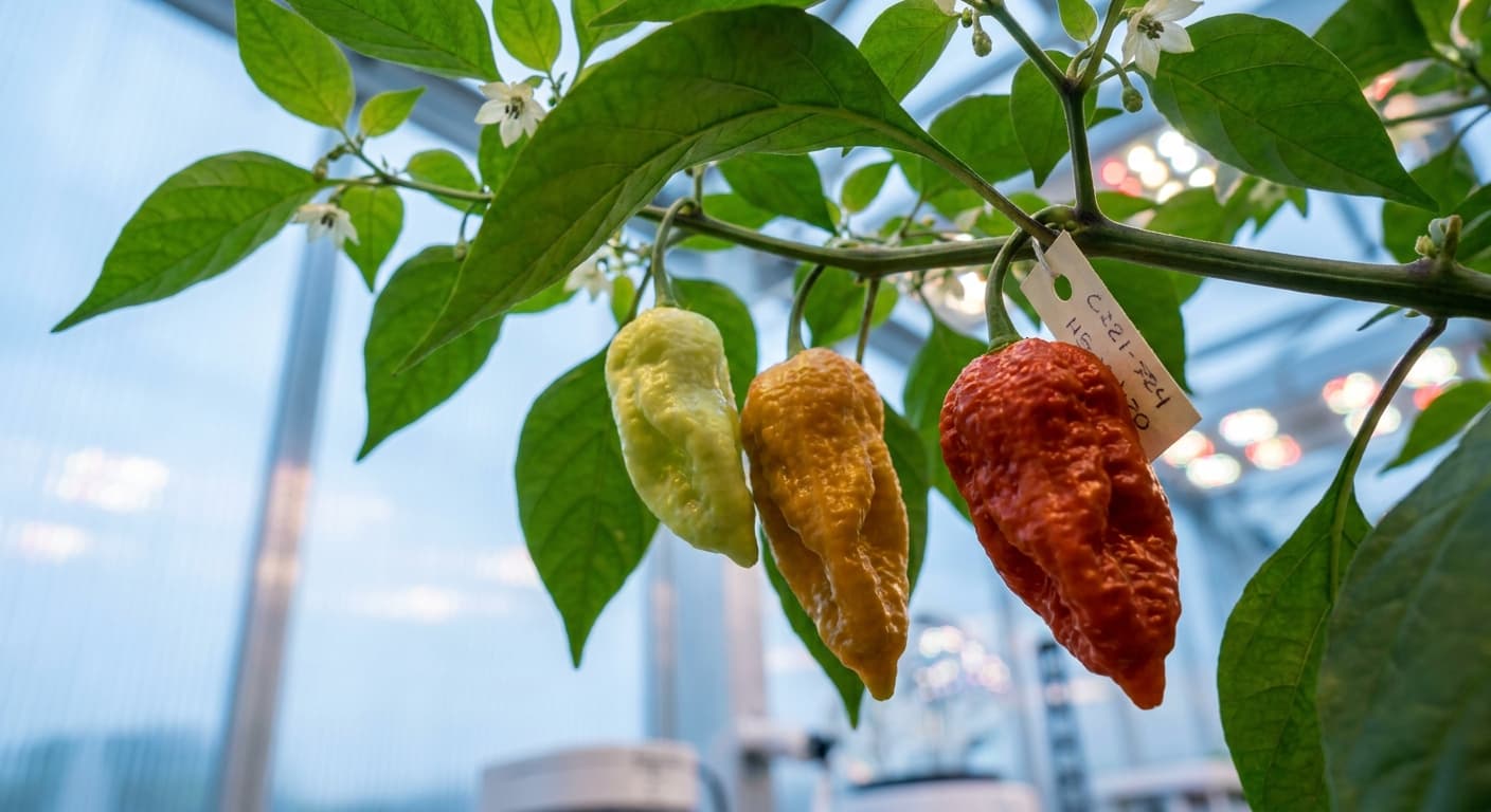 Scoville Splice Nor-max (SS-0152) — engineered Pepper specimen on-plant with laboratory specimen tag