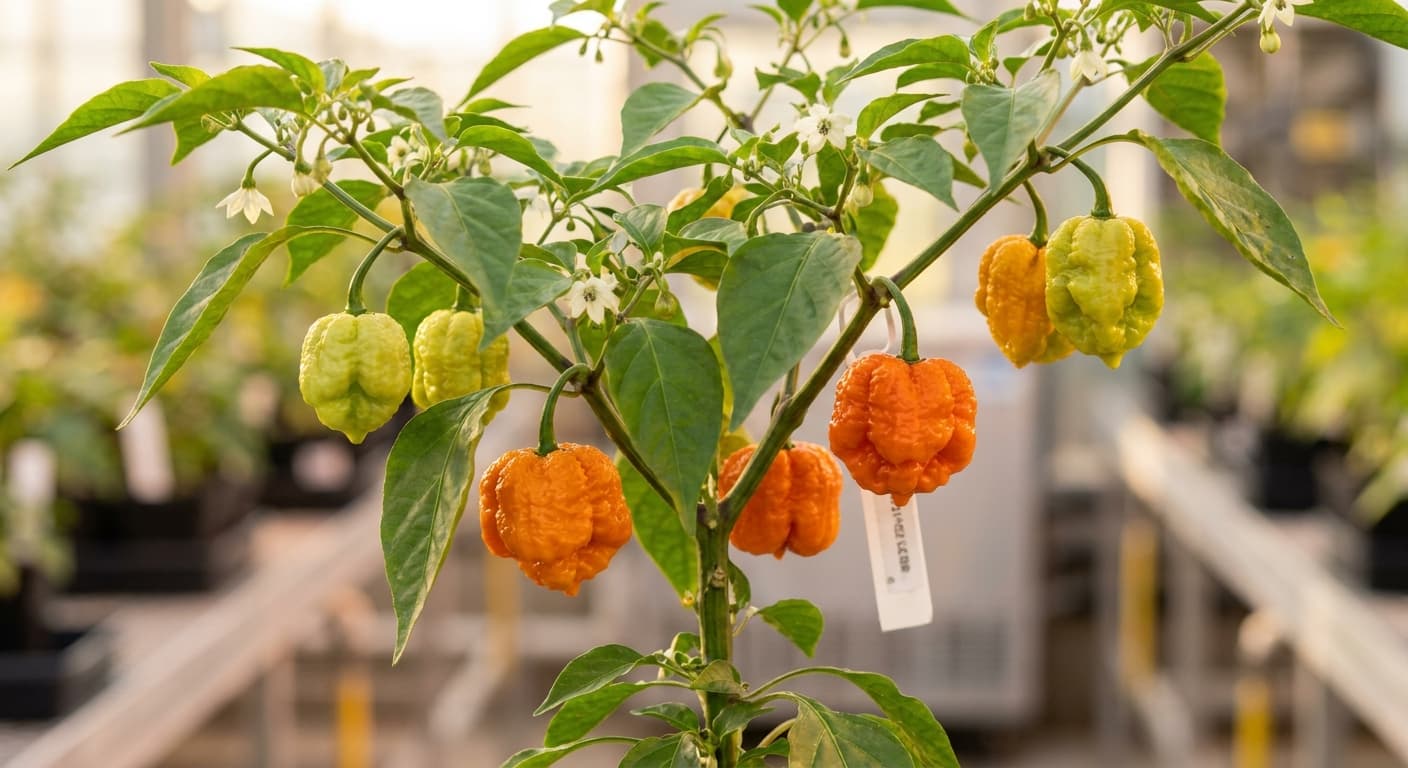 Scoville Splice Homo-max (SS-0153) — engineered Pepper specimen on-plant with laboratory specimen tag