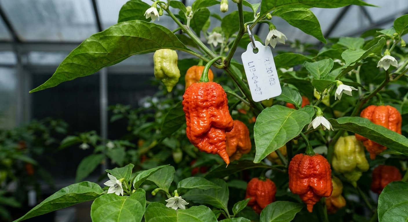 Scoville Splice Penta-cap (SS-0154) — engineered Pepper specimen on-plant with laboratory specimen tag