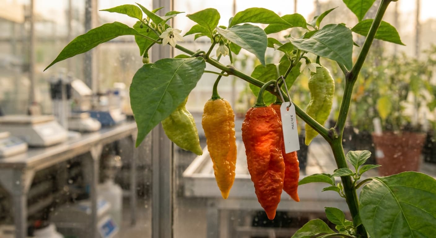 Scoville Splice Retro-cap (SS-0155) — engineered Pepper specimen on-plant with laboratory specimen tag