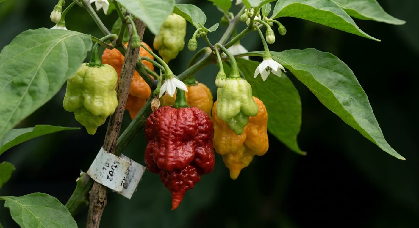 Scoville Splice Analog Stack (SS-0158) — engineered Pepper specimen on-plant with laboratory specimen tag