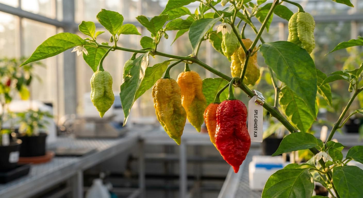 Scoville Splice Pharma Grade C (SS-0164) — engineered Pepper specimen on-plant with laboratory specimen tag