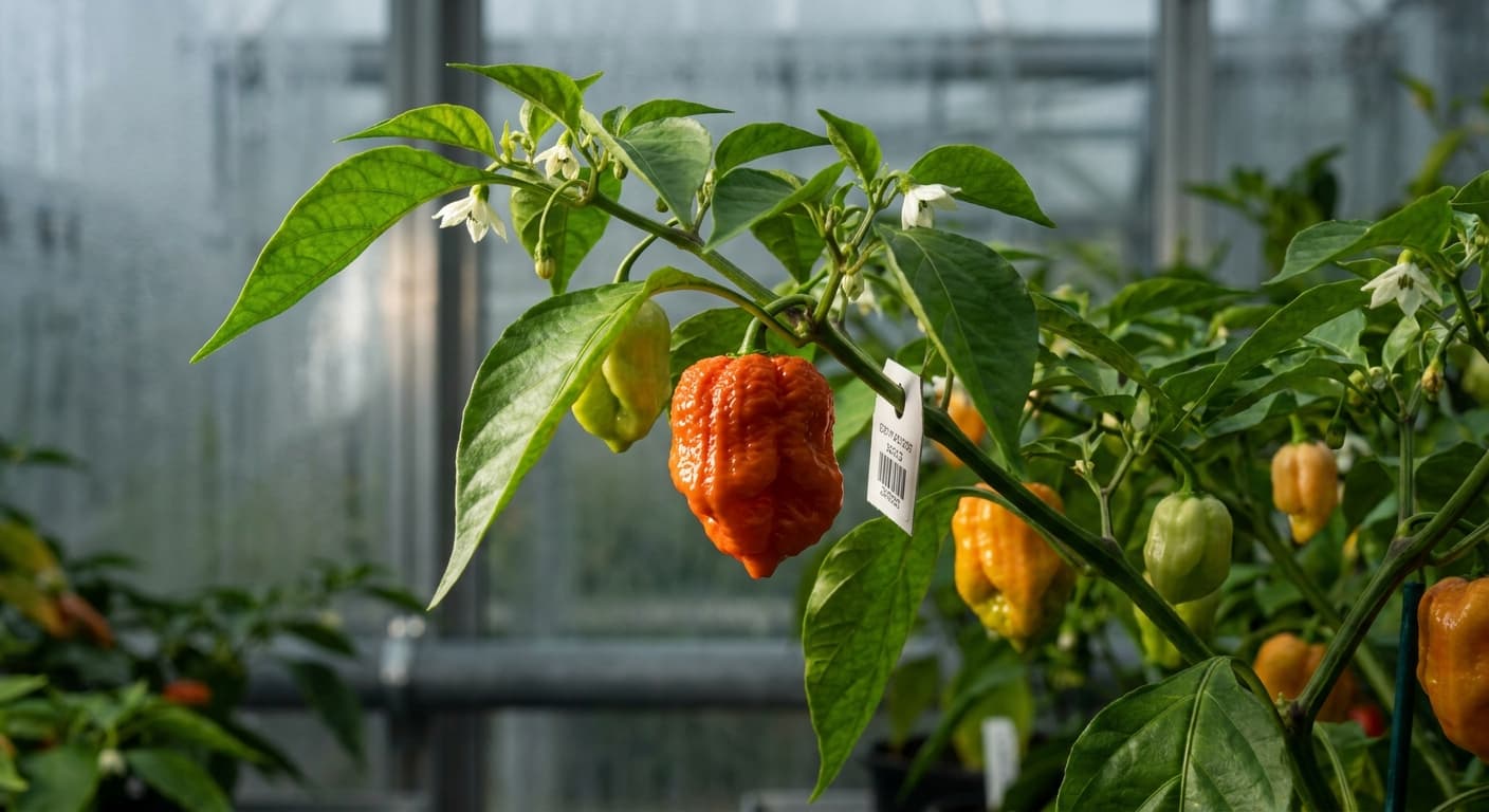 Scoville Splice Pest Deterrent A (SS-0167) — engineered Pepper specimen on-plant with laboratory specimen tag