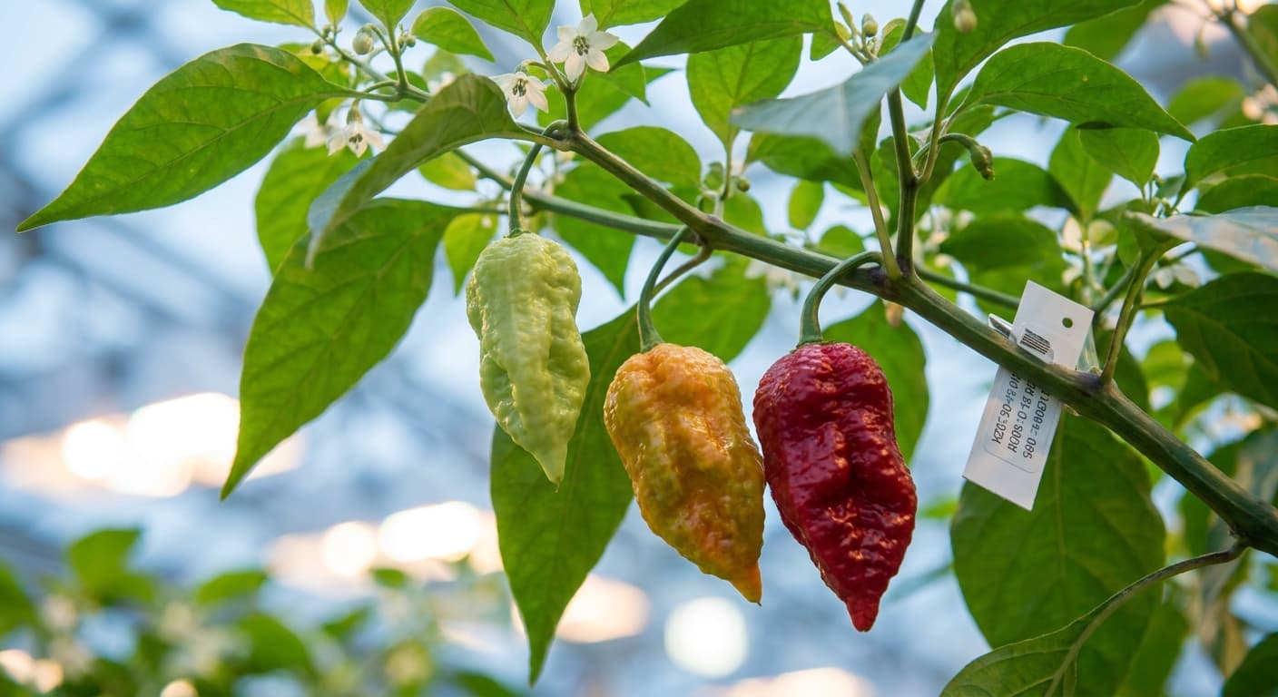 Scoville Splice Extract Standard (SS-0170) — engineered Pepper specimen on-plant with laboratory specimen tag