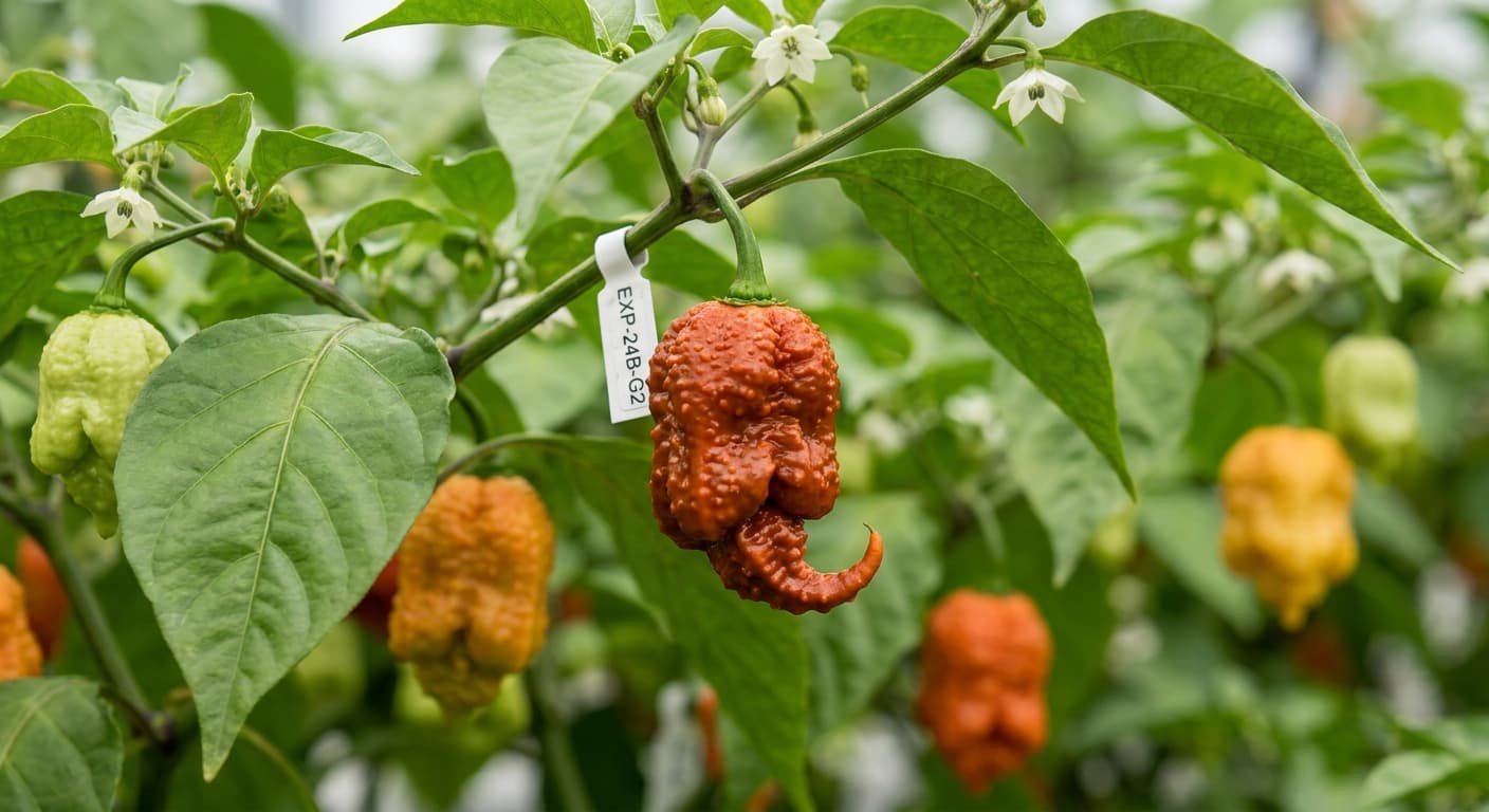 Scoville Splice Cosmetic Active (SS-0173) — engineered Pepper specimen on-plant with laboratory specimen tag