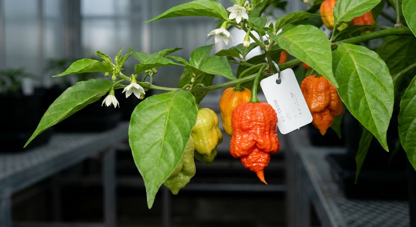 Scoville Splice Veterinary (SS-0174) — engineered Pepper specimen on-plant with laboratory specimen tag