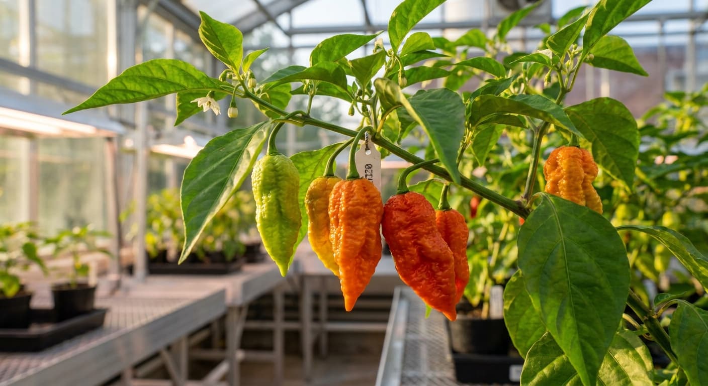 Scoville Splice Textile Finish (SS-0175) — engineered Pepper specimen on-plant with laboratory specimen tag