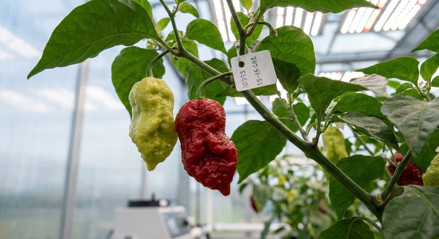 Scoville Splice Biocide Base (SS-0176) — engineered Pepper specimen on-plant with laboratory specimen tag