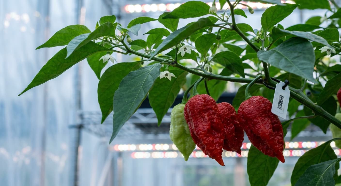 Scoville Splice Single Origin Assam (SS-0181) — engineered Pepper specimen on-plant with laboratory specimen tag