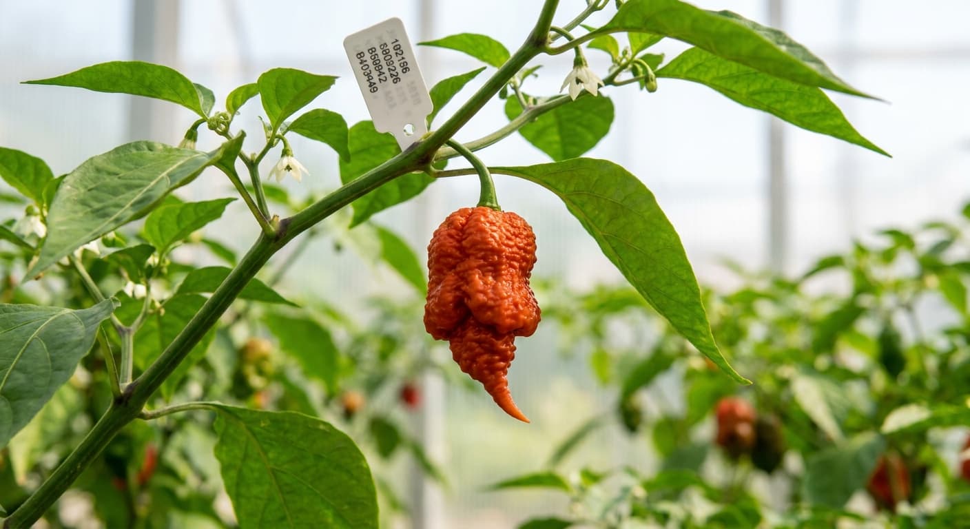 Scoville Splice Solstice Summer (SS-0182) — engineered Pepper specimen on-plant with laboratory specimen tag
