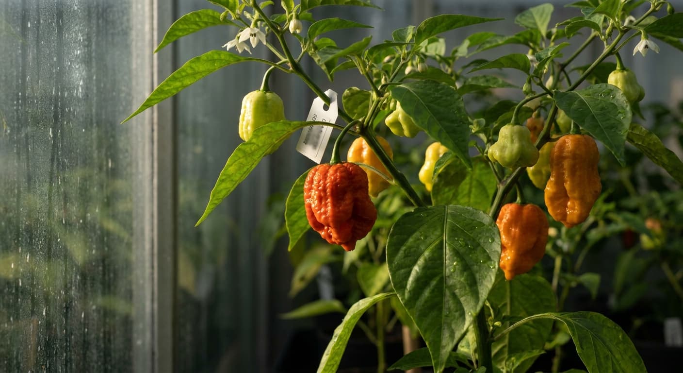Scoville Splice Solstice Winter (SS-0183) — engineered Pepper specimen on-plant with laboratory specimen tag