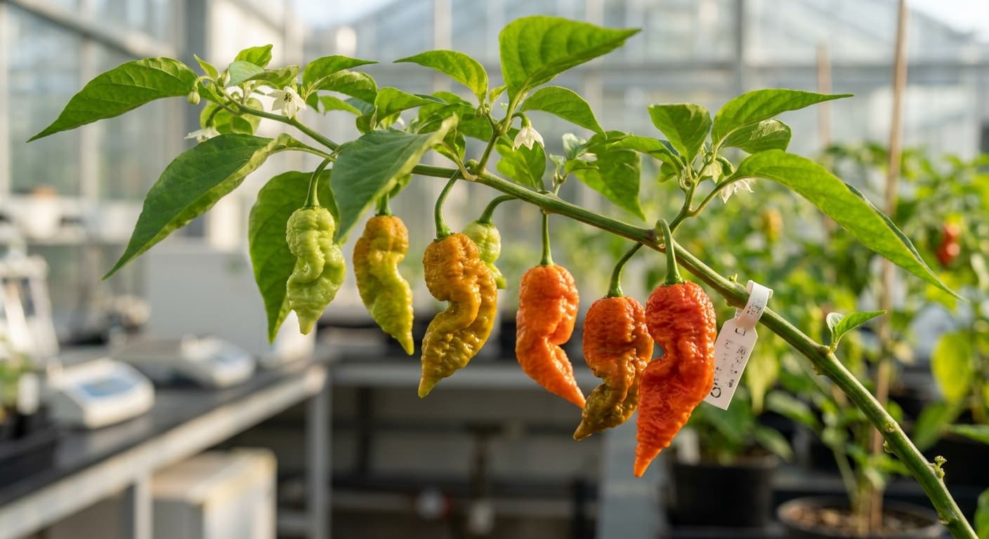 Scoville Splice Equinox Spring (SS-0184) — engineered Pepper specimen on-plant with laboratory specimen tag