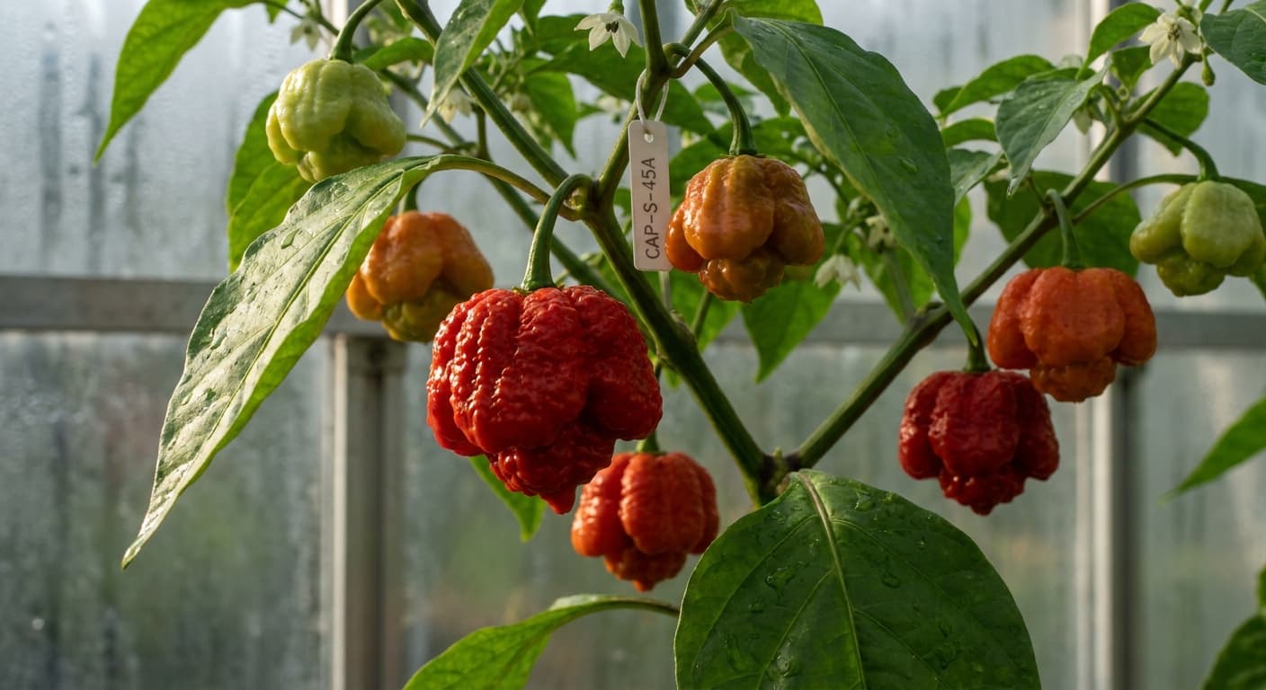Scoville Splice Collaboration No. 1 (SS-0189) — engineered Pepper specimen on-plant with laboratory specimen tag