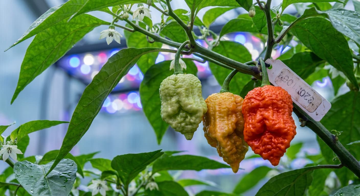 Scoville Splice Collaboration No. 2 (SS-0190) — engineered Pepper specimen on-plant with laboratory specimen tag