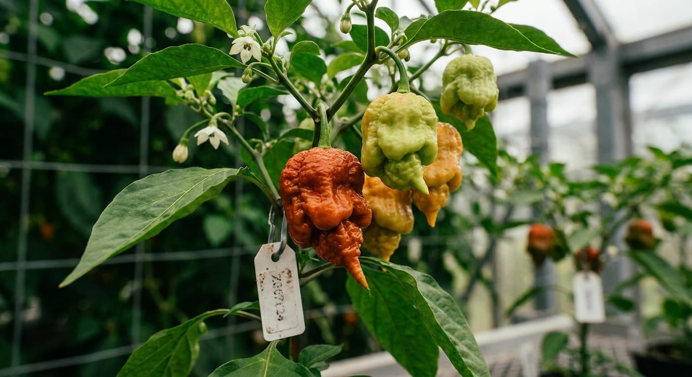 Scoville Splice Candle (SS-0192) — engineered Pepper specimen on-plant with laboratory specimen tag