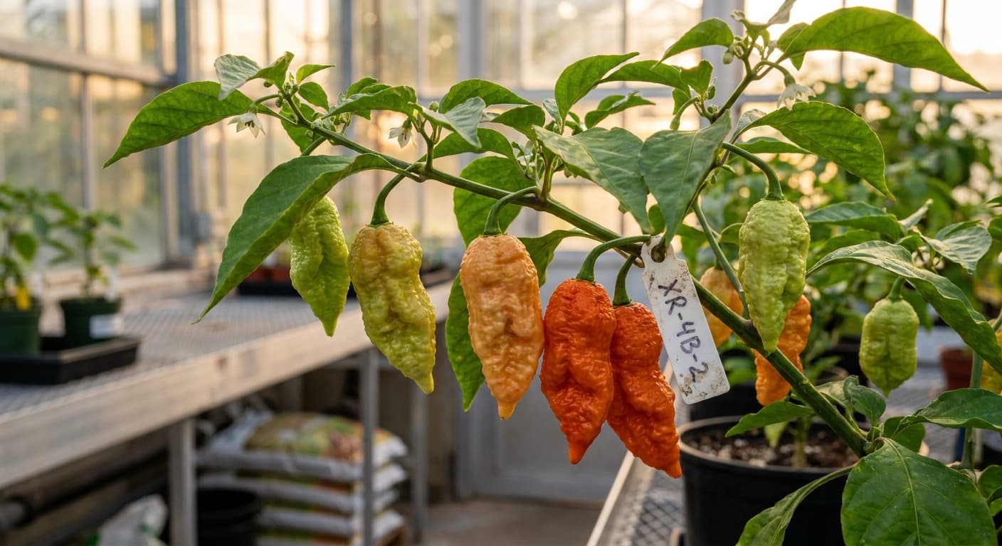 Scoville Splice Pilot Flame (SS-0193) — engineered Pepper specimen on-plant with laboratory specimen tag