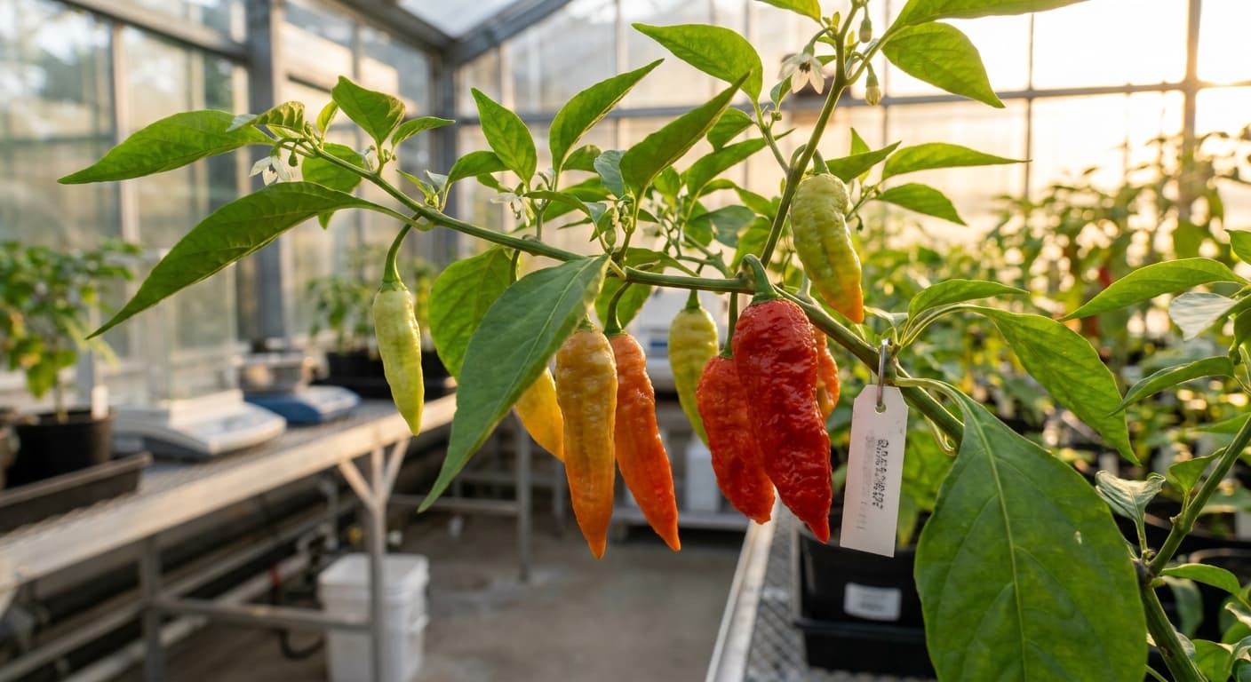 Scoville Splice Steel Pour (SS-0195) — engineered Pepper specimen on-plant with laboratory specimen tag