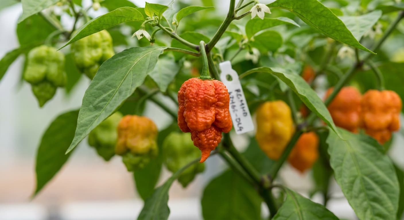 Scoville Splice Delayed Fuse (SS-0197) — engineered Pepper specimen on-plant with laboratory specimen tag
