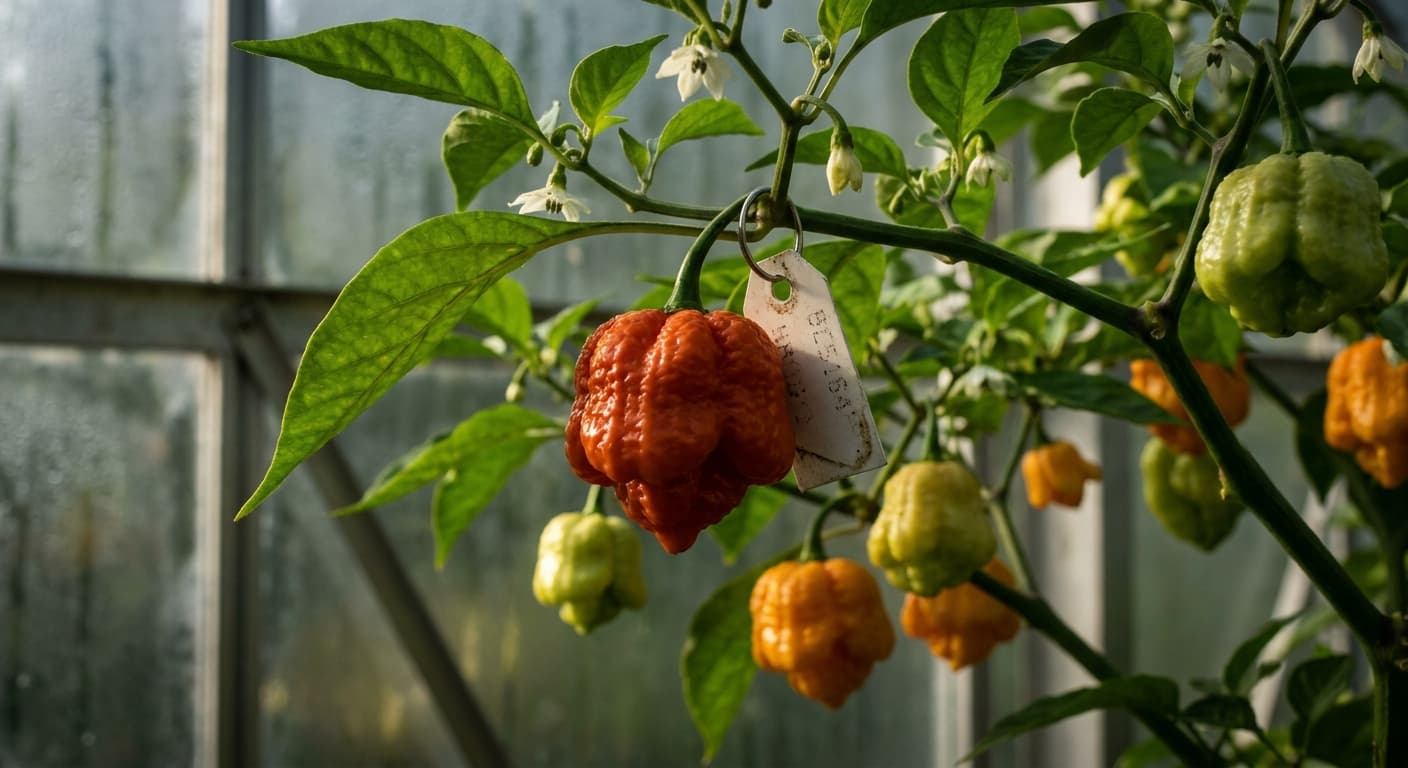 Scoville Splice Gut Punch (SS-0198) — engineered Pepper specimen on-plant with laboratory specimen tag