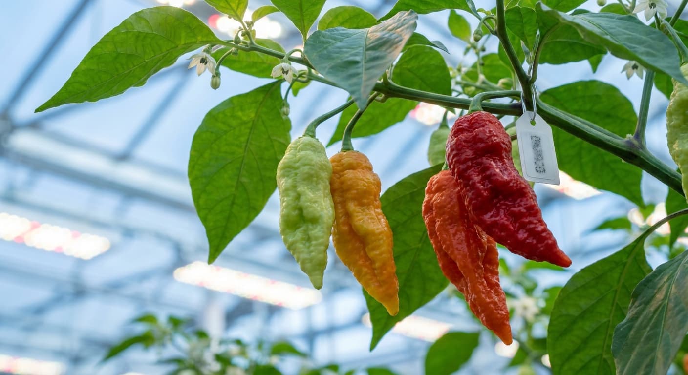 Scoville Splice Aleppo (SS-0200) — engineered Pepper specimen on-plant with laboratory specimen tag