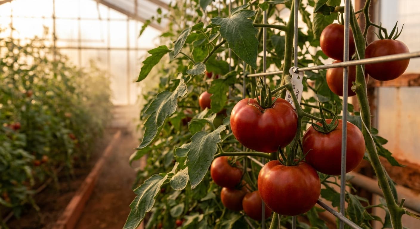 Scoville Splice Ember Fruit (SS-0201) — engineered Tomato specimen on-plant with laboratory specimen tag