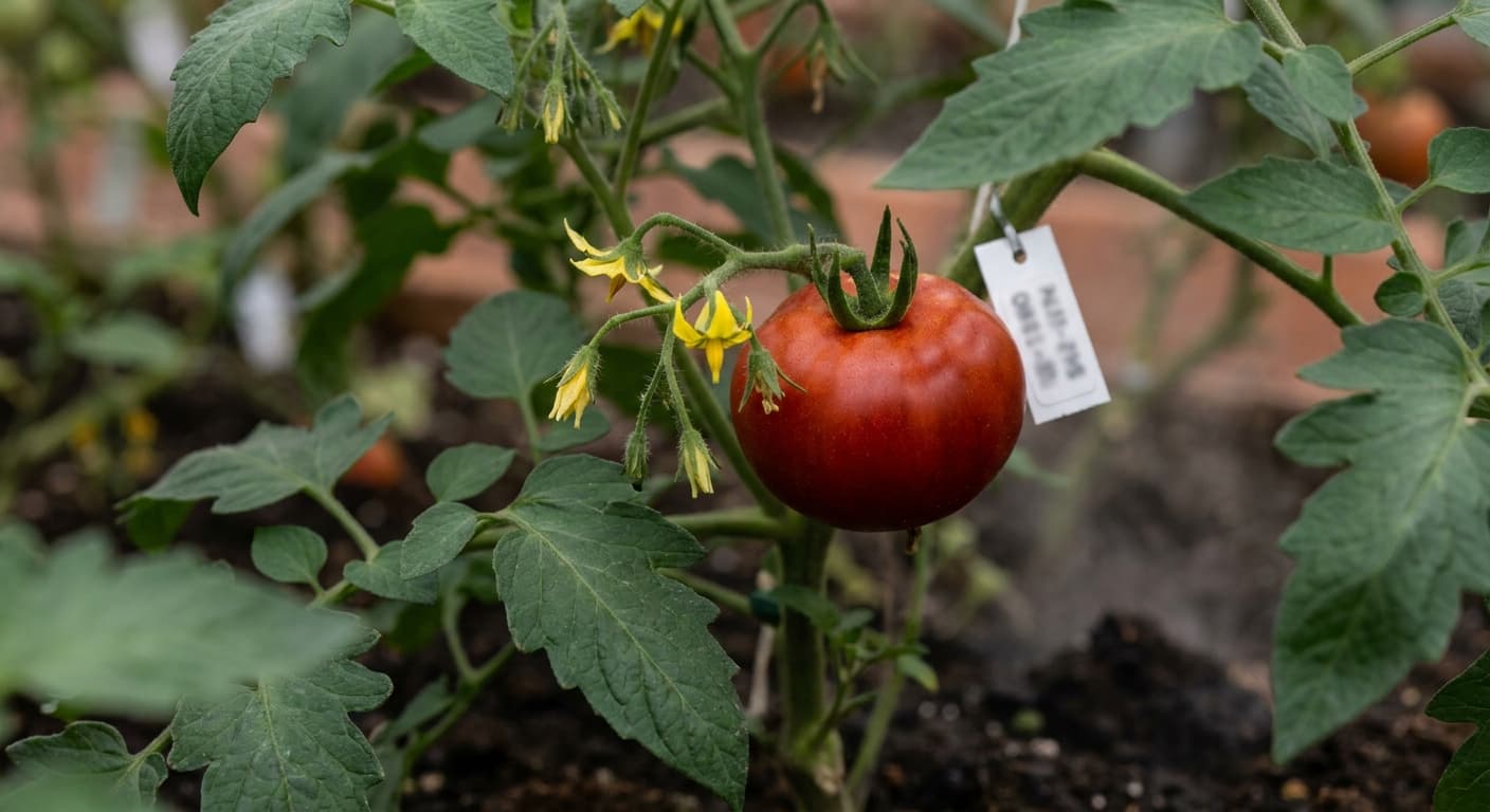 Scoville Splice Warm Vine (SS-0202) — engineered Tomato specimen on-plant with laboratory specimen tag